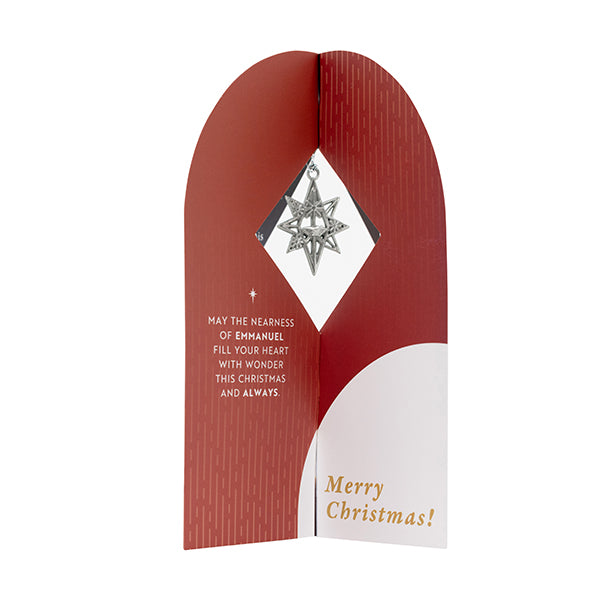 Christian Christmas ornament gift card with a red patterned design and a silver star ornament suspended in a die-cut display window. Features an inspirational message about Emmanuel's presence and a “Merry Christmas!” greeting, making it ideal for church gifts, holiday outreach events, and seasonal keepsakes by CTA Christ to All and CTA Gifts.