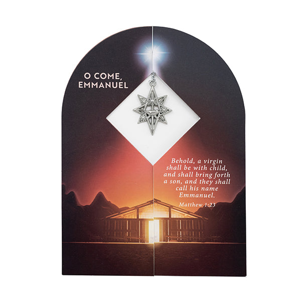 Christian Christmas ornament gift card featuring a silver star ornament, a nativity-inspired stable scene, and a glowing star overhead. Includes the message “O Come, Emmanuel” and Matthew 1:23 scripture, making it ideal for church gifts, Christmas outreach, seasonal keepsakes, and faith-based holiday celebrations by CTA Christ to All and CTA Gifts.