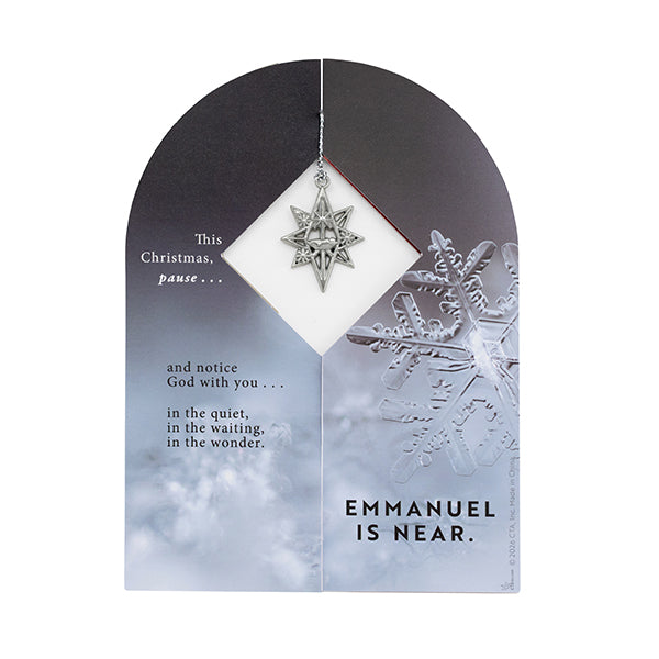 Christian Christmas ornament gift card featuring a silver star ornament displayed through a diamond-shaped window against a frosted blue-and-white snowflake background. The card includes the message, “This Christmas, pause... and notice God with you... in the quiet, in the waiting, in the wonder. Emmanuel is near.” Designed as a faith-based Christmas keepsake suitable for church gifts, holiday outreach, seasonal events, and commemorative ornament giving by CTA Christ to All and CTA Gifts.