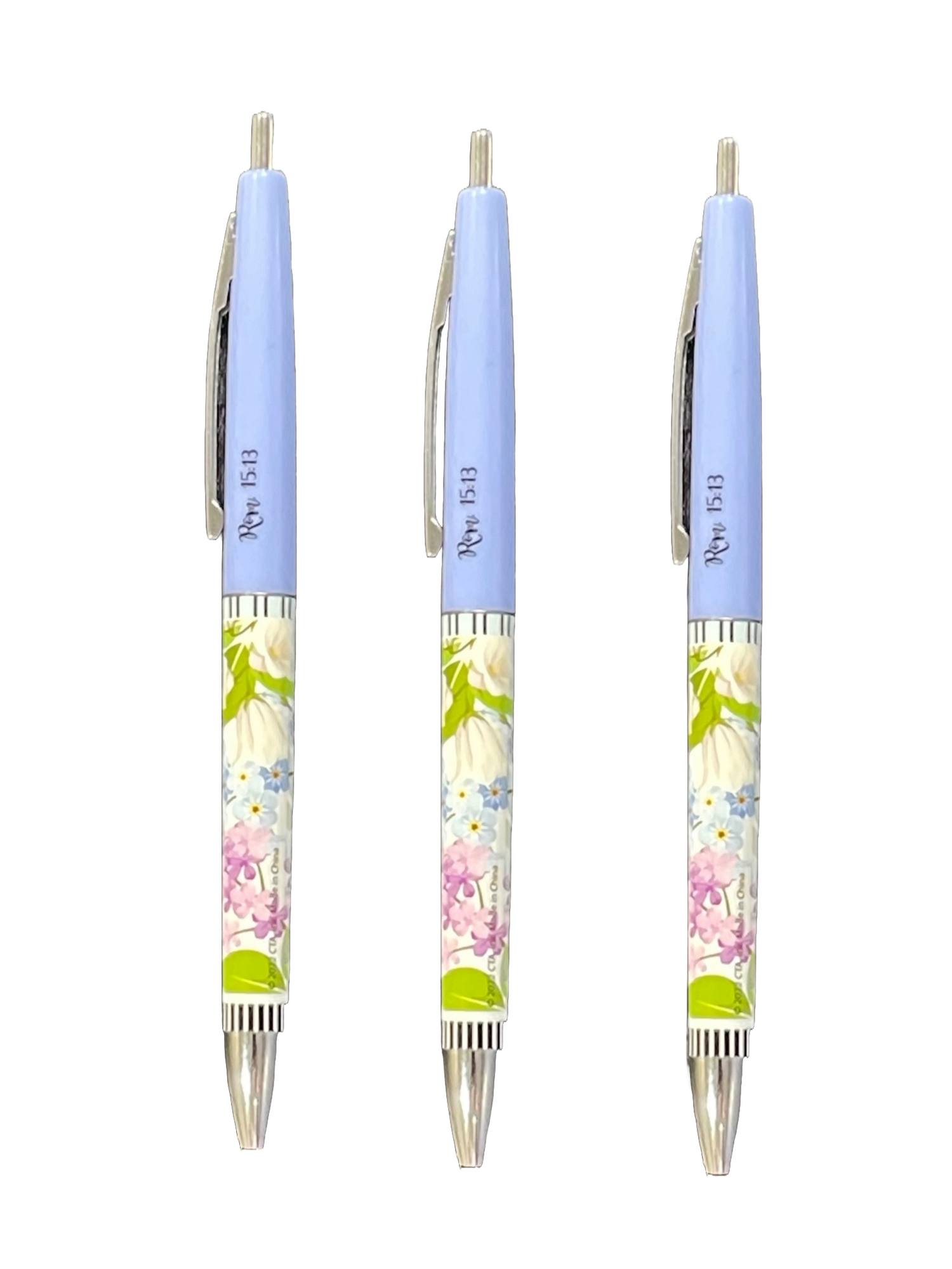 Pastel blue & floral print design on 3 ladies' pens with Bible reference