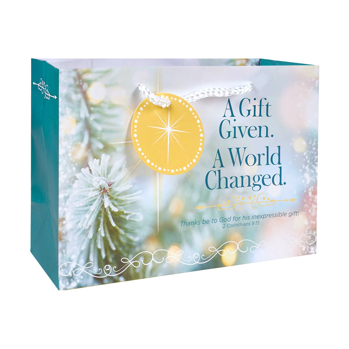 A square gift bag with a winter holiday design, featuring a teal side panel and a front print of a snowy pine branch with a yellow ornament graphic and the text 'A Gift Given. A World Changed by CTA Christ to All & CTA Gifts.