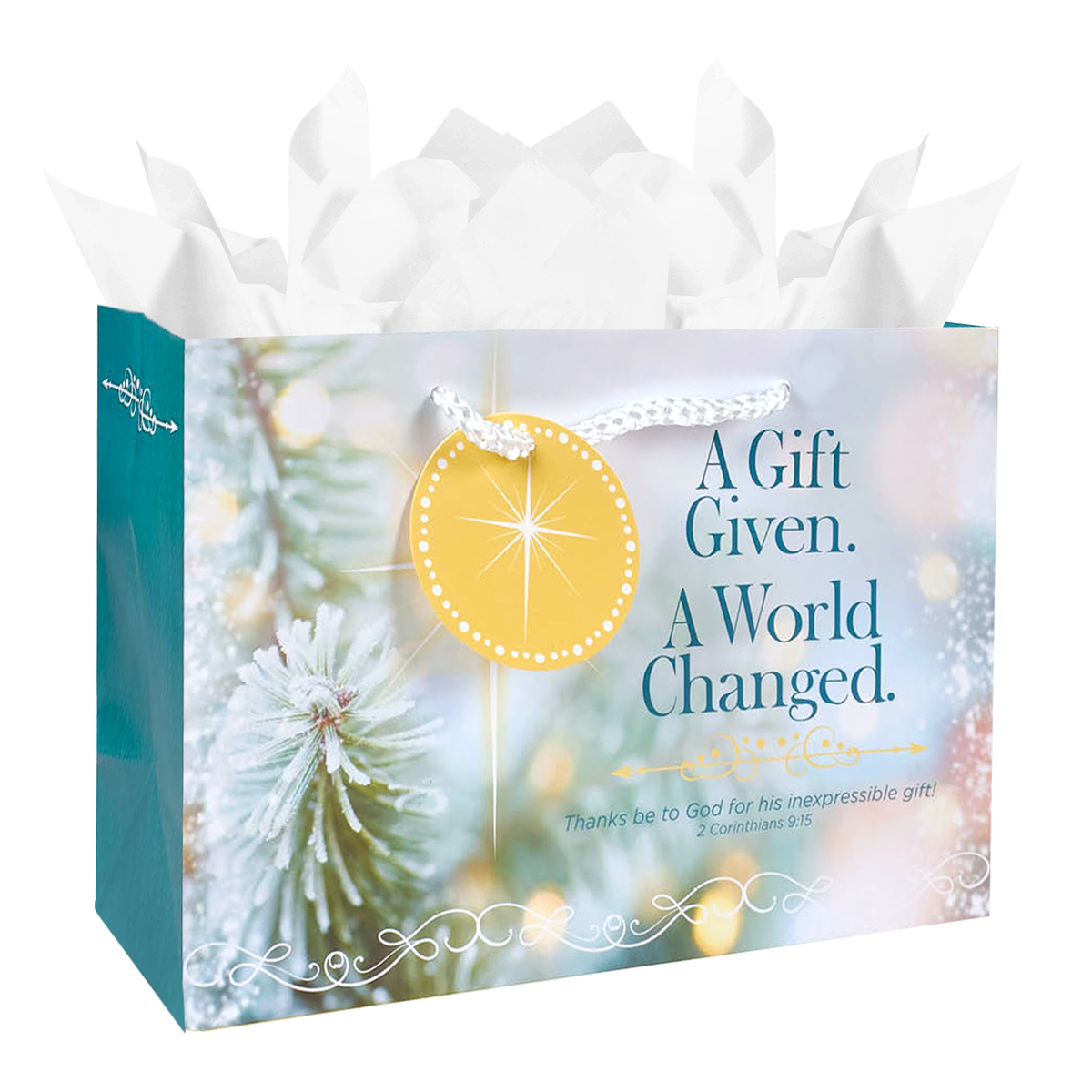 A festive gift bag with white tissue paper, featuring a holiday-themed print with a yellow circular ornament graphic and the text 'A Gift Given. A World Changed by CTA Christ to All and CTA Gifts.