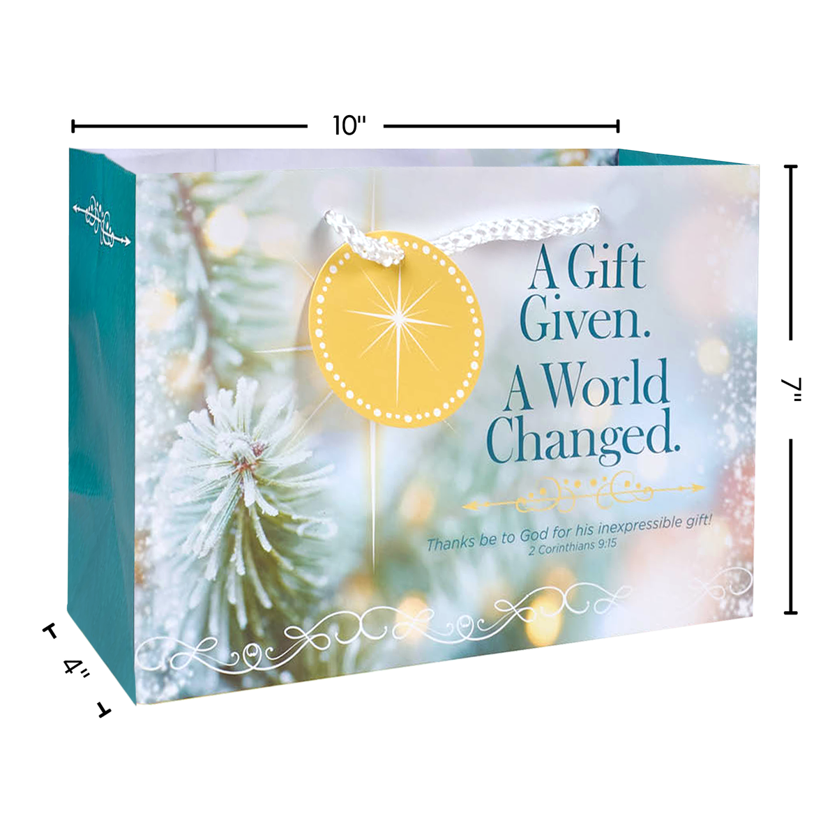 A gift bag packaging mockup with dimension lines showing 10 inches wide, 7 inches tall, and 4 inches deep. The bag features a festive holiday design with a teal side panel, a frosted pine tree, a yellow circular ornament graphic, and the text 'A Gift Given by CTA Christ to All and CTA Gifts.