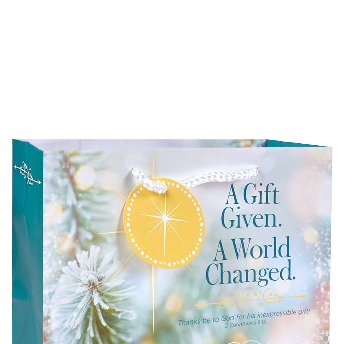 A festive Christmas-themed gift bag with a teal side panel and a front design featuring a yellow starburst ornament, frosted pine branches, and the text 'A Gift Given. A World Changed by CTA Christ to All and CTA Gifts.