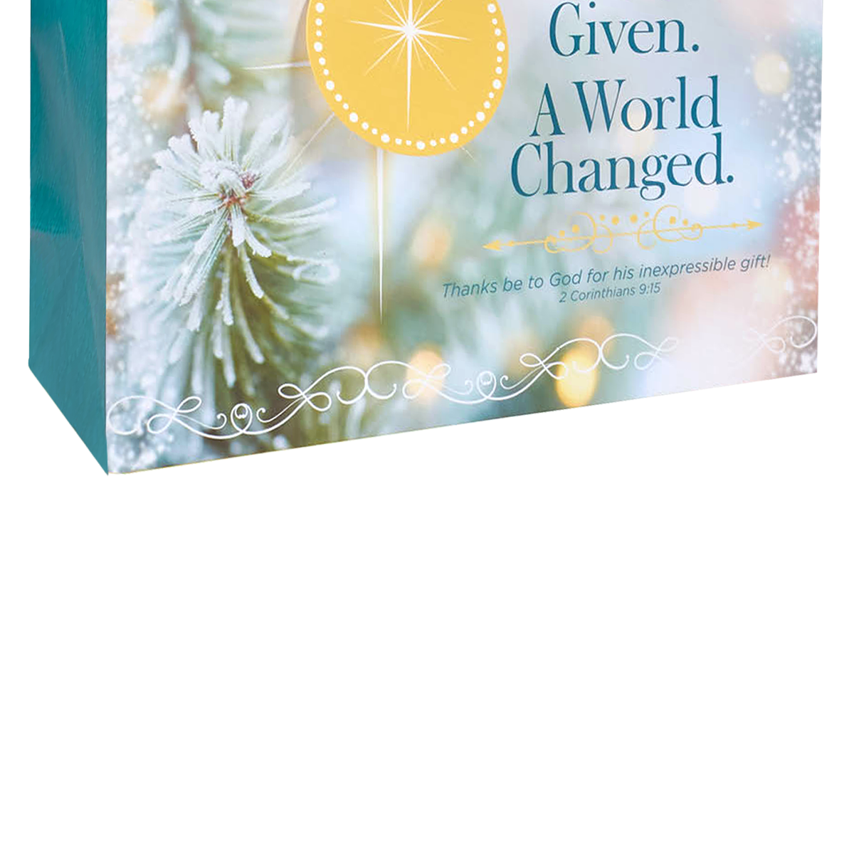 A Christmas-themed gift bag with a teal side panel and a printed front design featuring a frosted pine branch, a yellow sun, and the text 'Given. A World Changed by CTA Christ to All and CTA Gifts.