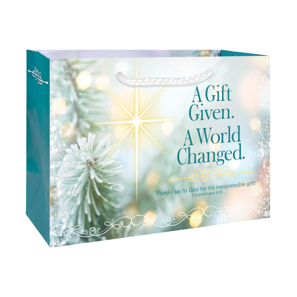 A festive holiday gift bag with a teal side panel and a printed front panel featuring a snowy pine branch, a glowing starburst, and the text 'A Gift Given. A World Changed by CTA Christ to All and CTA Gifts.