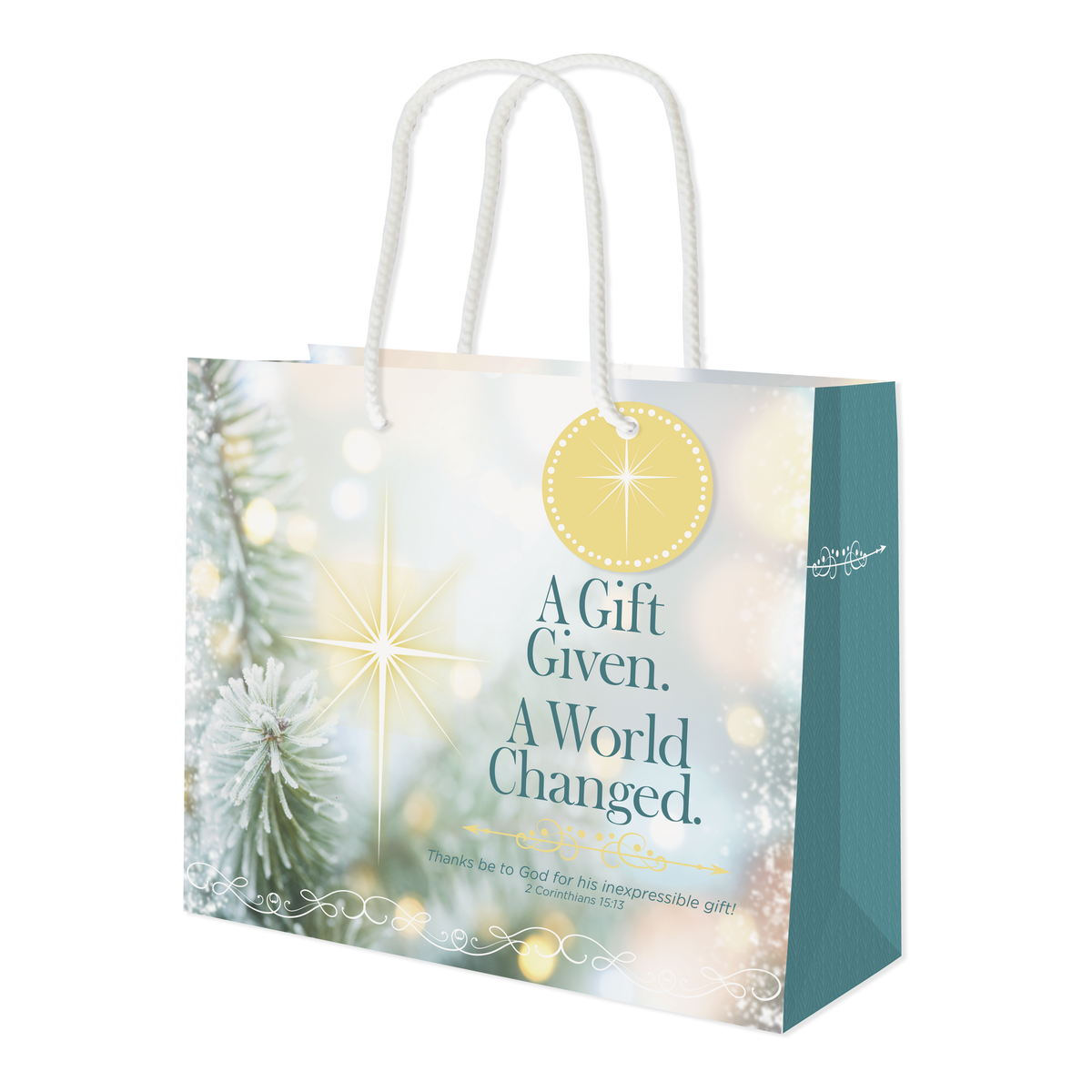 A festive paper gift bag with white rope handles, featuring a holiday design with pine branches, bokeh lights, and the text 'A Gift Given. A World Changed by CTA Christ to All and CTA Gifts.
