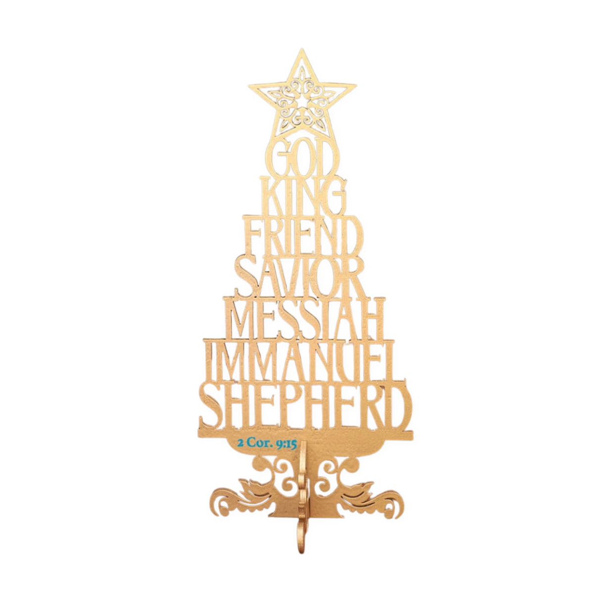 Wooden Tabletop Scripture Tree in Gold - The Names of Jesus 2 Corinthians 9:15