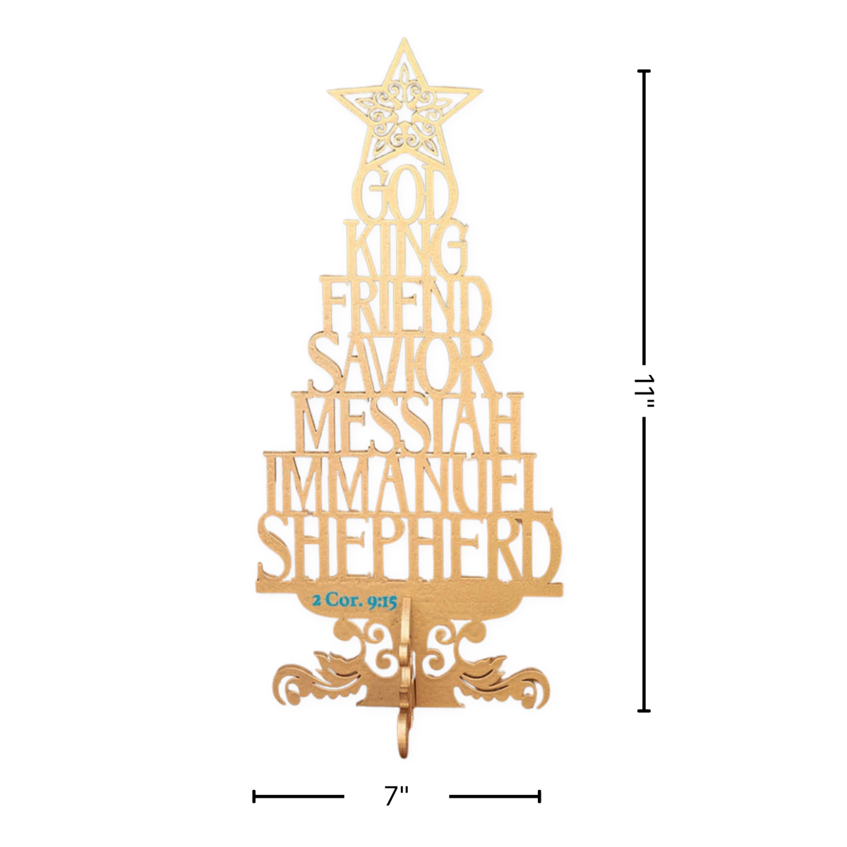 Wooden Tabletop Scripture Tree in Gold - The Names of Jesus 2 Corinthians 9:15