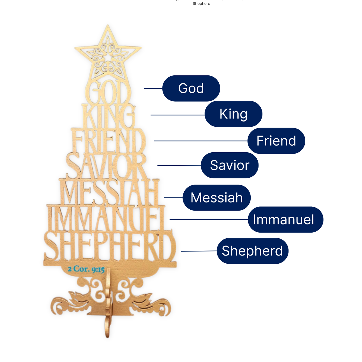 Wooden Tabletop Scripture Tree in Gold - The Names of Jesus 2 Corinthians 9:15