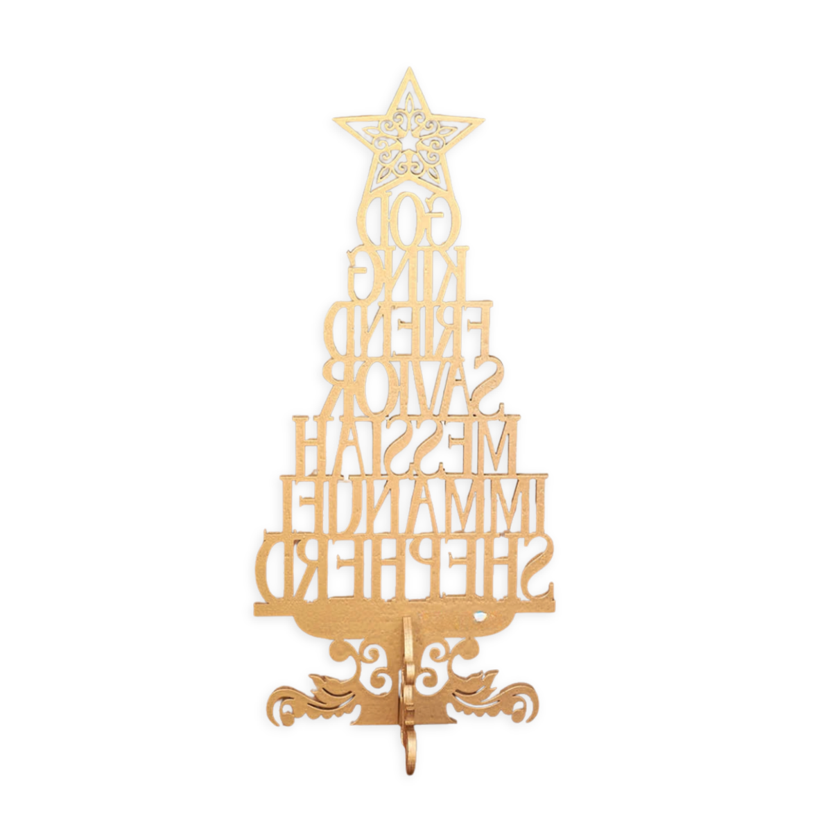 Wooden Tabletop Scripture Tree in Gold - The Names of Jesus 2 Corinthians 9:15