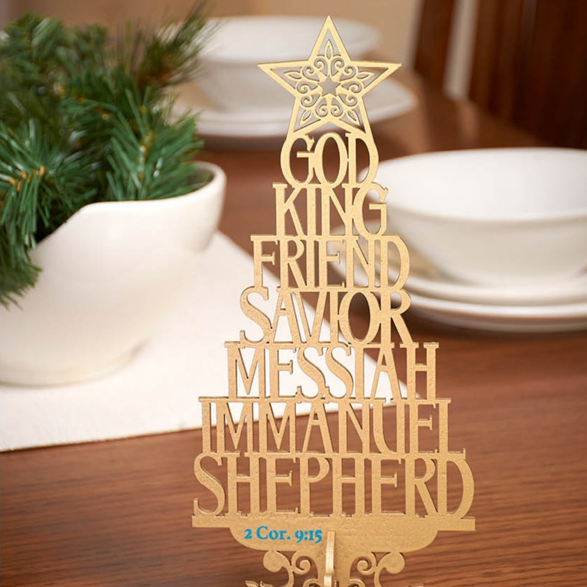 Wooden Tabletop Scripture Tree in Gold - The Names of Jesus 2 Corinthians 9:15