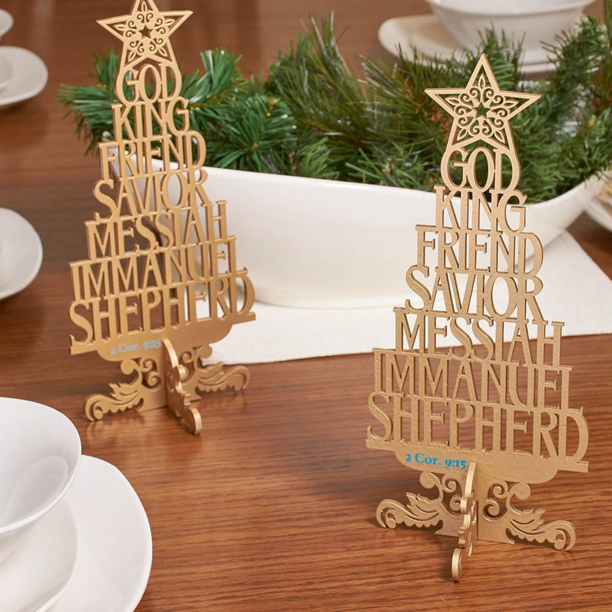 Wooden Tabletop Scripture Tree in Gold - The Names of Jesus 2 Corinthians 9:15