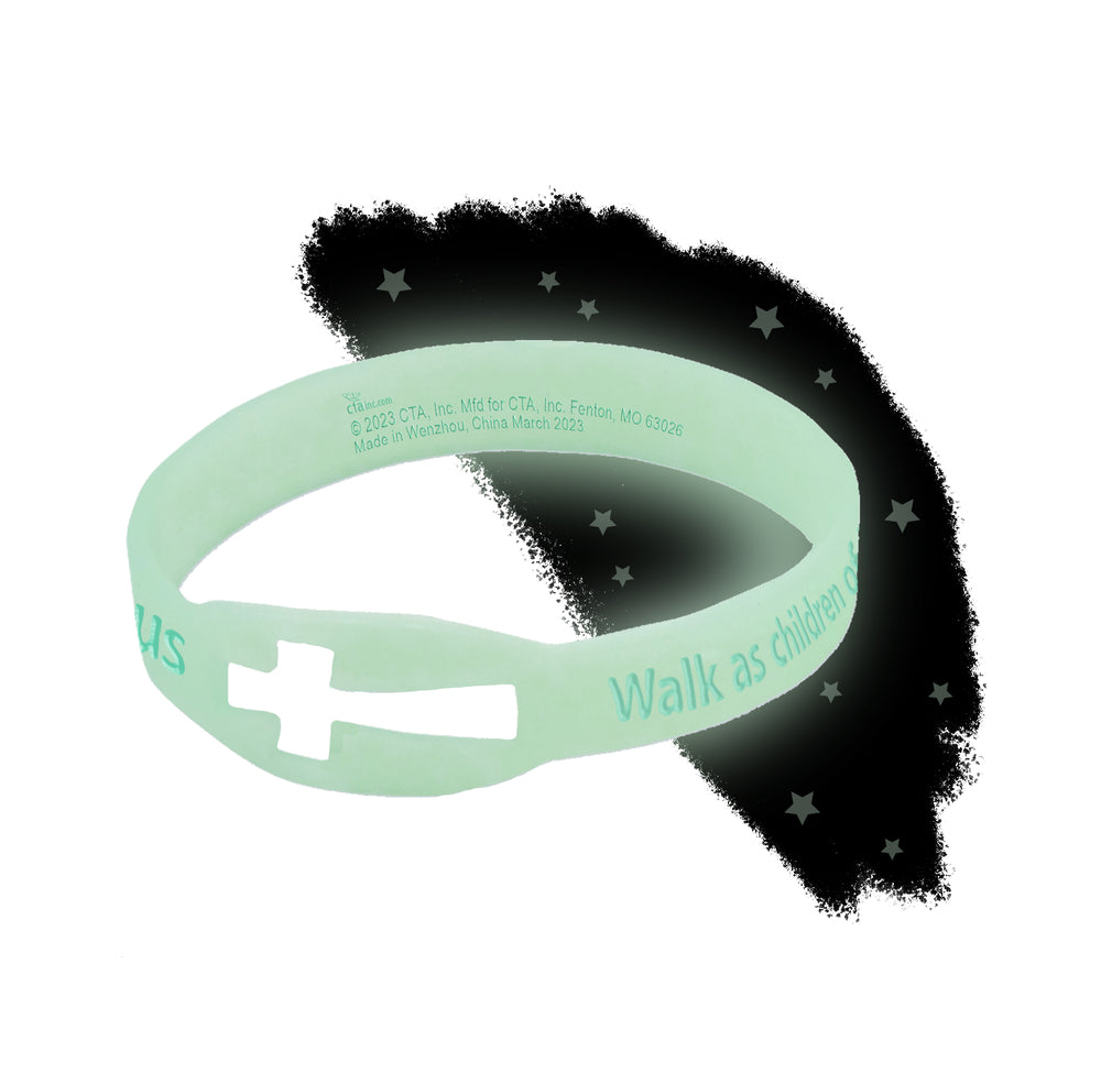 Glow-in-the-dark silicone bracelet with cross cutout and Ephesians 5:8. A bright reminder of faith—great for VBS or giveaways!
615122-17017-5
