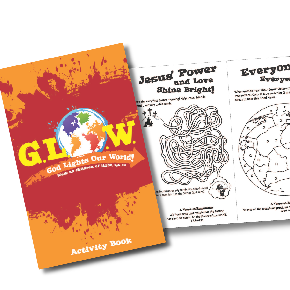 Colorful activity book titled 'G.I.O.W. God Lights Our World' with coloring pages on a white background by CTA Christ to All & CTAKids.