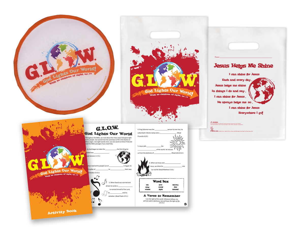 Kids activity set featuring a G.L.O.W. activity book, flying disk with pouch, and goodie bag—perfect for teaching ages 7–11 to shine with God’s love (Eph. 5:8).
615122-17292-6