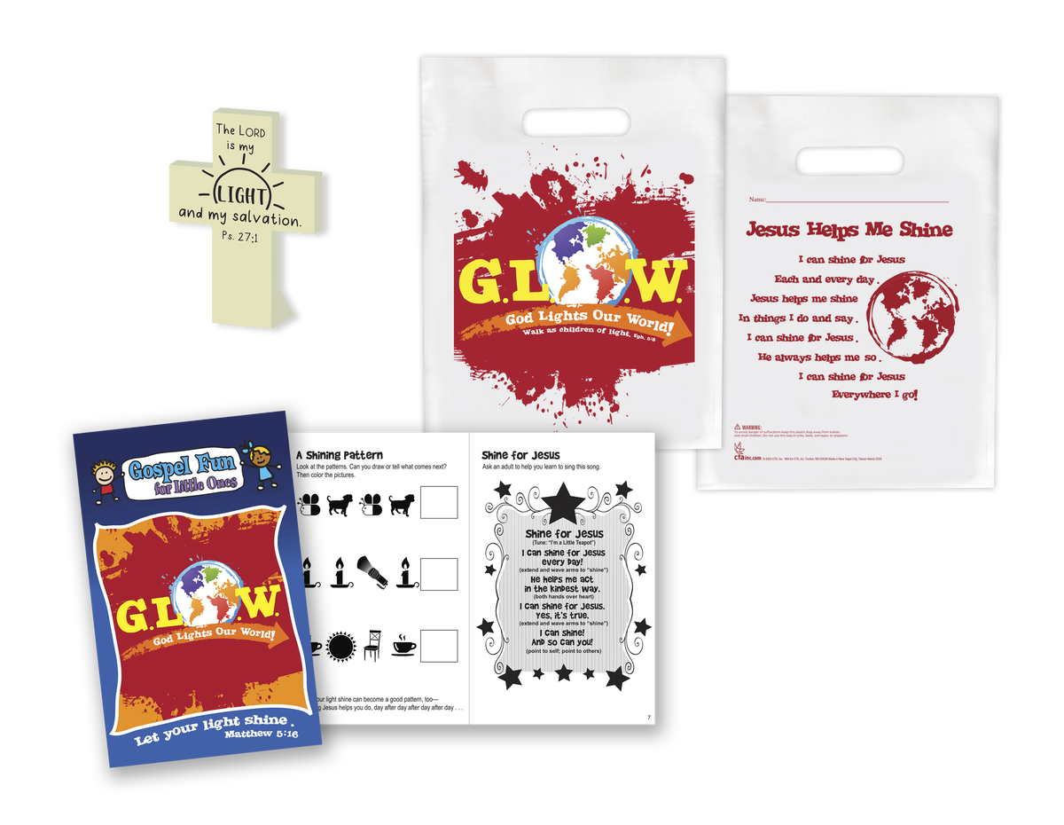 Preschool G.L.O.W. set with activity book, standing cross, and goodie bag—teaching young children that God is their light (Eph. 5:8, Ps. 27:1).
615122-17293-3