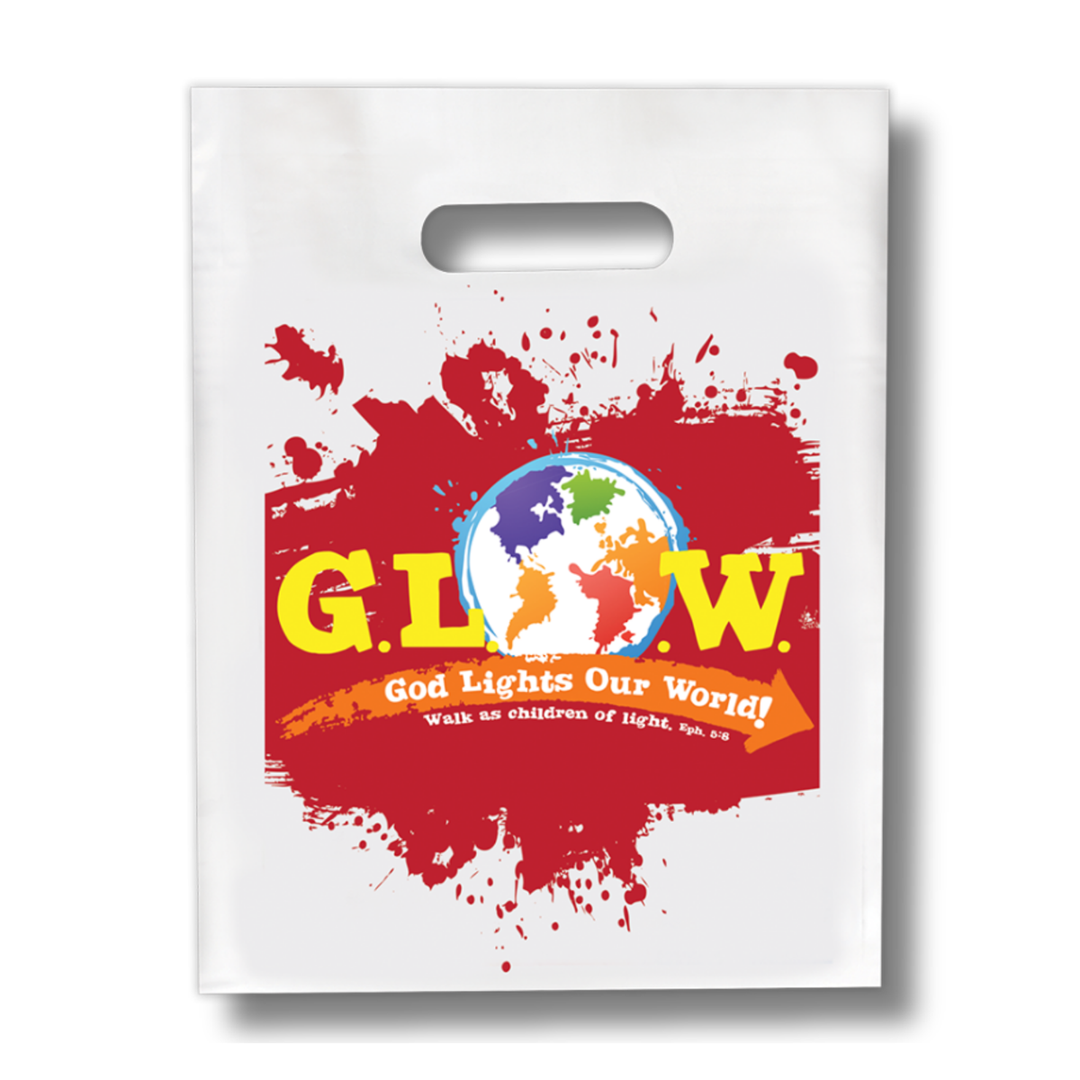 White plastic bag with red splatter design and colorful text on a white background by CTA Christ to All & CTAKids.