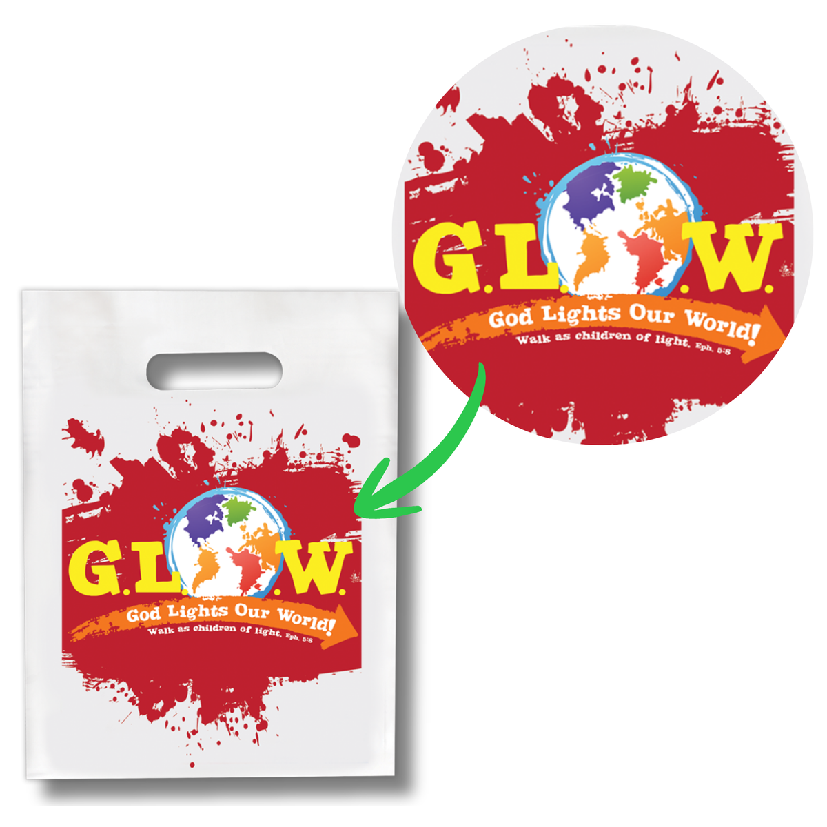 White plastic bag with red and blue design featuring 'G.L.O.W.' logo on a white background by CTA Christ to All & CTAKids.