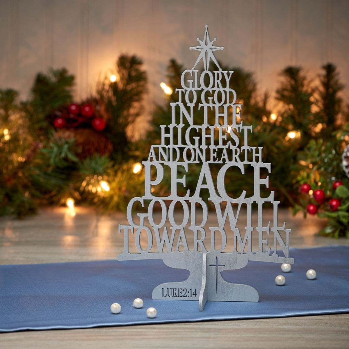 Wooden Tabletop Scripture Tree in Silver - KJV - Glory to God in the Highest Luke 2:14
