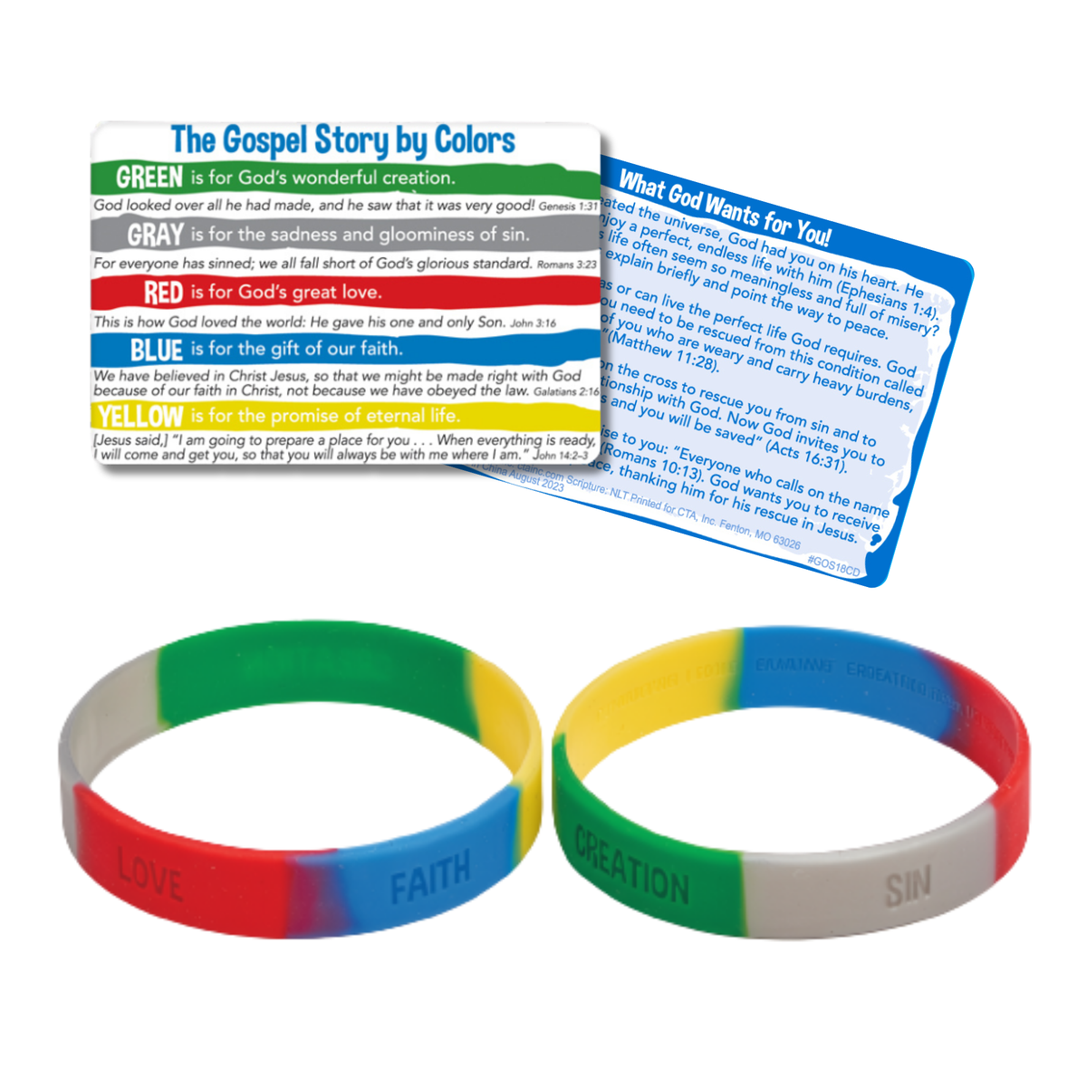 A set of three colorful silicone wristbands displayed below two educational cards titled 'The Gospel Story by Colors' and 'What God Wants for You!'. The wristbands are white with colored panels for Love (red), Faith (blue), Creation (yellow), and Sin (green) by CTA Christ to All & CTAKids.