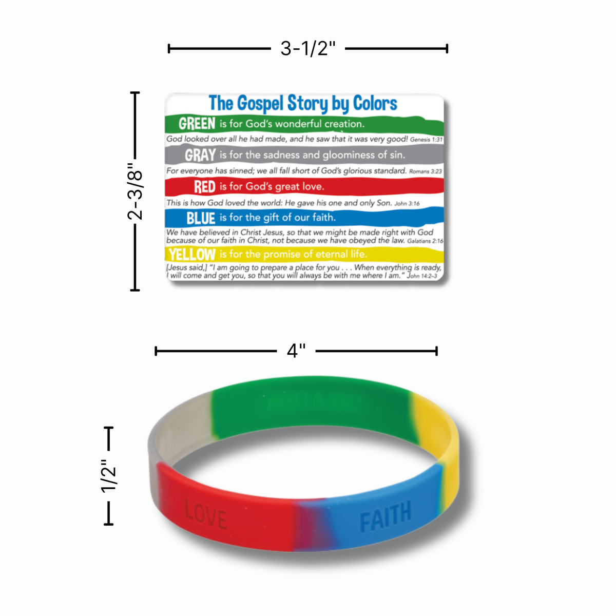 A set of three color-coded religious wristbands and a matching color-coded instruction card, shown with dimension lines indicating measurements of 3-1/2 inches, 2-3/8 inches, and 4 inches by CTA Christ to All and CTAKids.