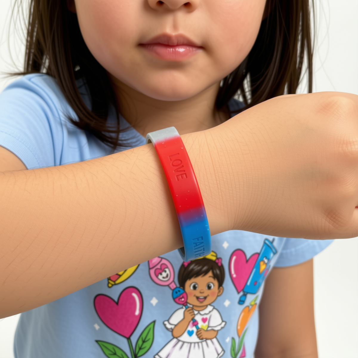 A close-up of a child wearing a red and blue gradient silicone wristband with the word 'LOVE' printed vertically on the front by CTA Christ to All and CTAKids.