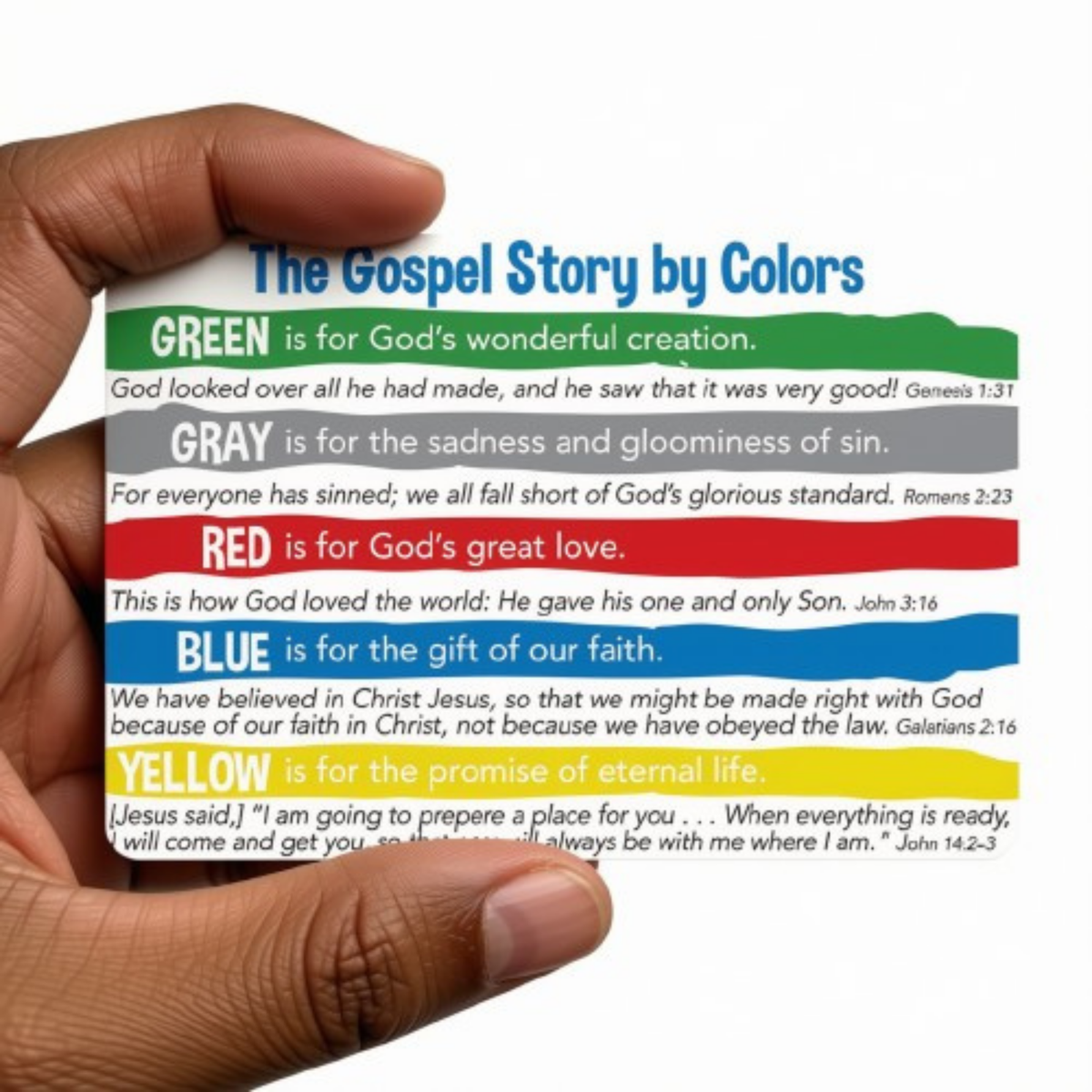 A hand holding a printed card titled "The Gospel Story by Colors" with colored text bands and Bible verse excerpts labeled by color by CTA Christ to All and CTAKids.