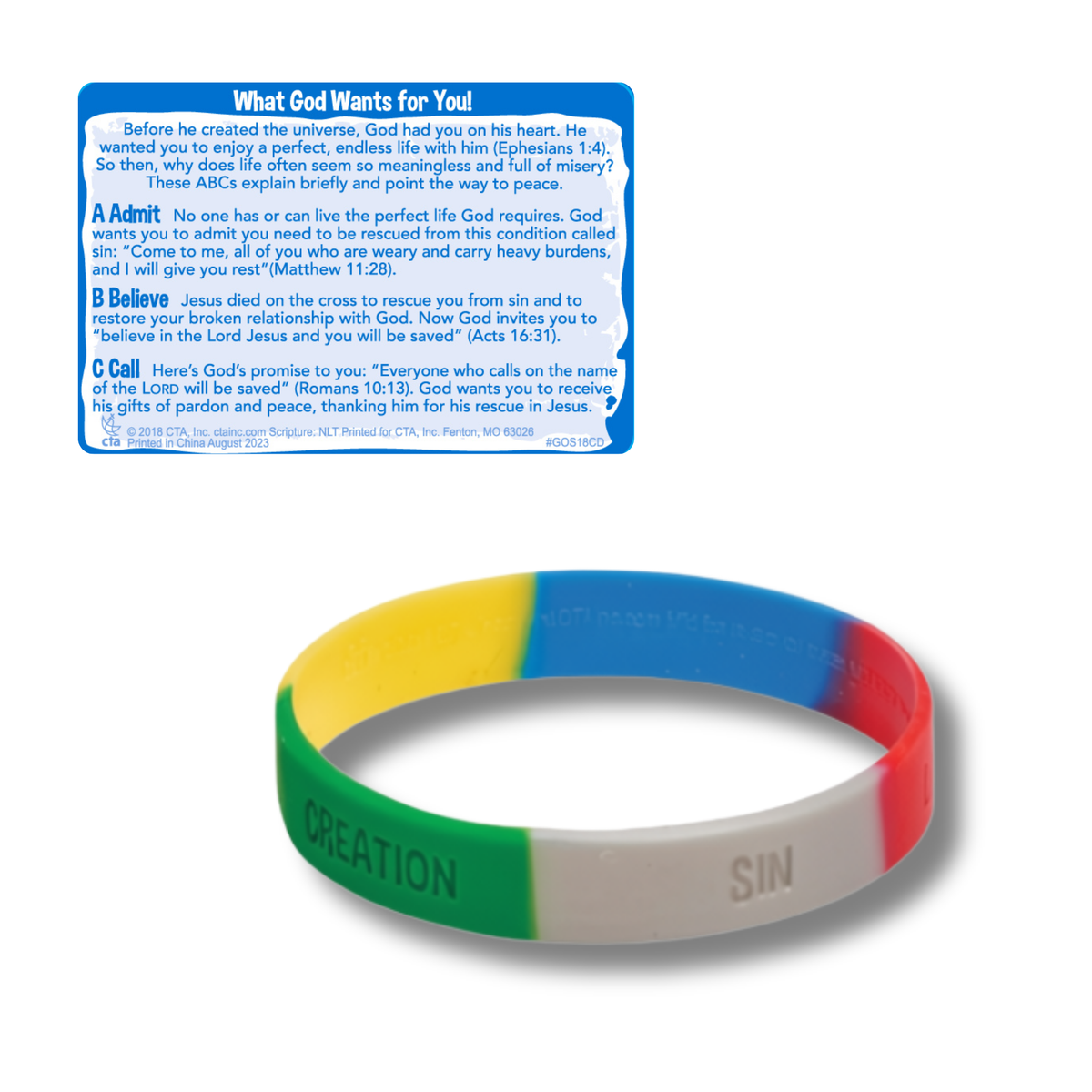 A rectangular religious instruction card with a blue border and white text, shown above a three-color wristband in green, white, and red with the words CREATION, GOD, and SIN printed on them by CTA Christ to All and CTAKids.