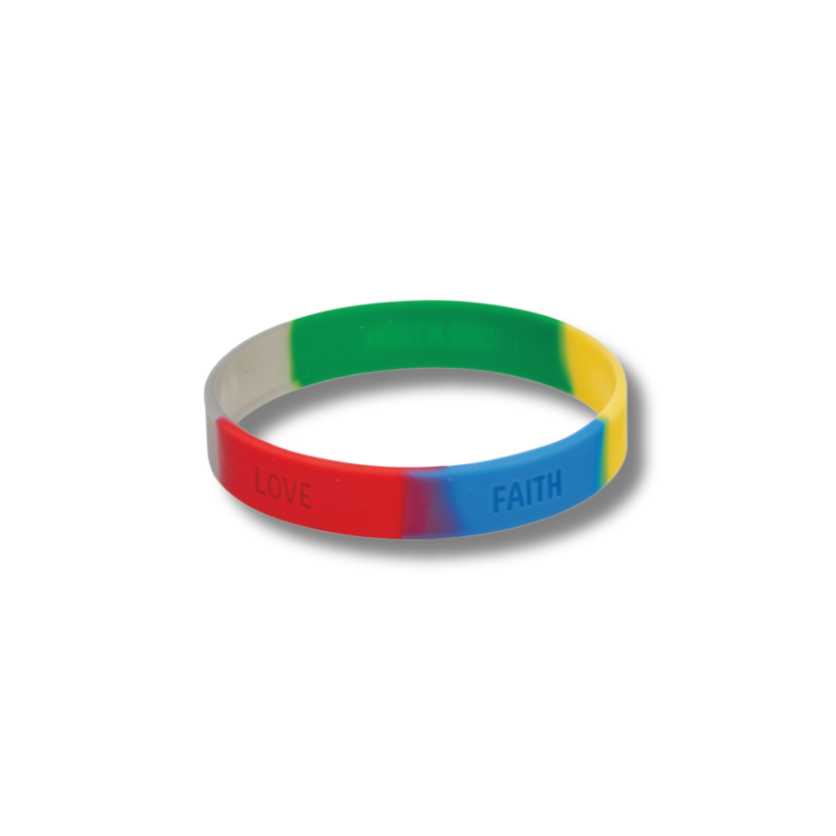 A silicone wristband with a four-color design of red, green, blue, and yellow segments, featuring the embossed words 'LOVE' and 'FAITH' on a white background by CTA Christ to All & CTAKids.