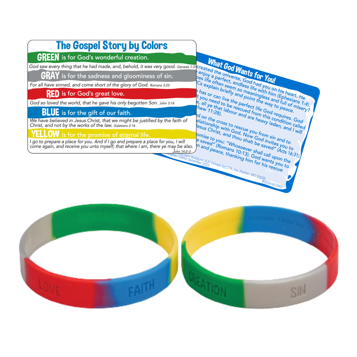 A set of religious educational items including a 'The Gospel Story by Colors' card set and three silicone wristbands in red, yellow, green, and blue with the words LOVE, FAITH, and SIN printed on them by CTA Christ to All & CTAKids.