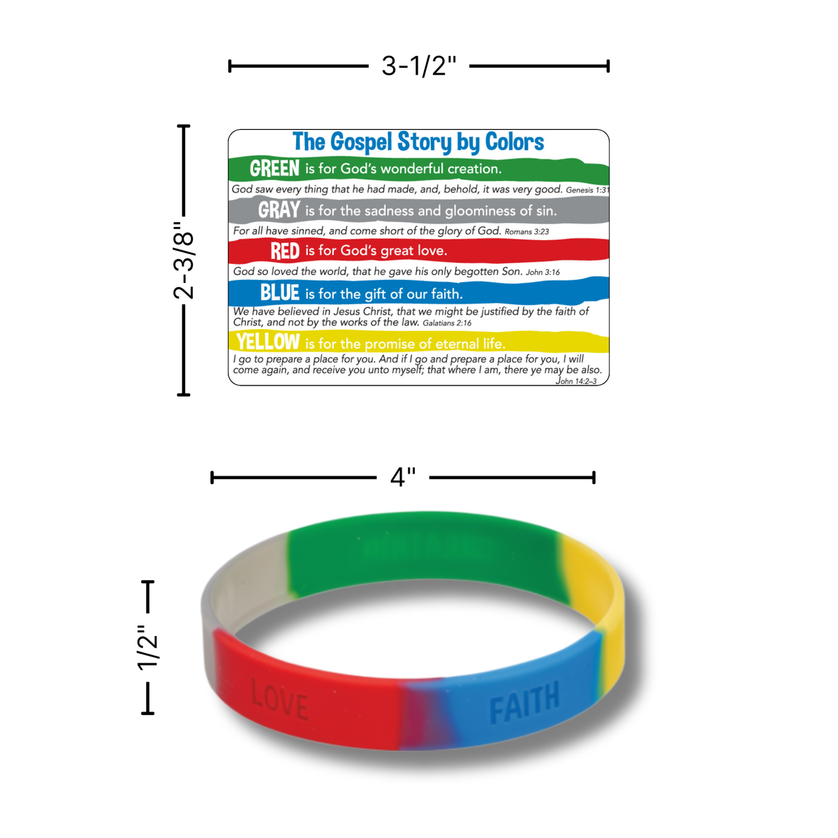 A color-coded Bible story wristband shown below a matching printed color chart. The wristband has rainbow sections labeled LOVE, RED, BLUE, and FAITH, with the blue section reading 'I LOVE Jesus' and the red section reading 'I LOVE God by CTA Christ to All and CTAKids.