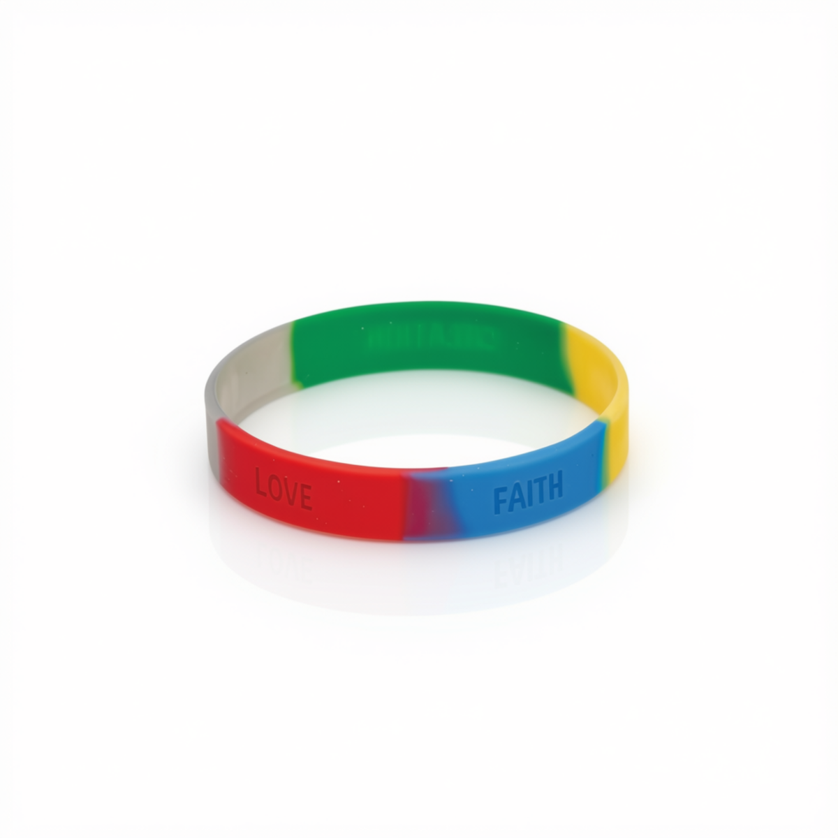 A silicone wristband with a rainbow color transition, featuring the words 'LOVE' in red and 'FAITH' in blue, on a white background by CTA Christ to All and CTAKids.