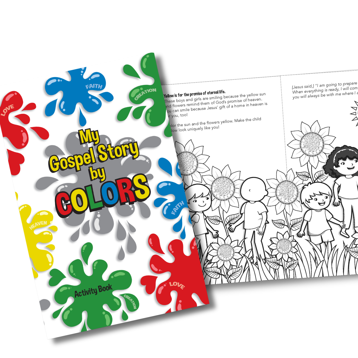 Colorful activity book titled 'My Gospel Story by Colors' with a coloring page of children and flowers by CTA Christ to All & CTAKids.
