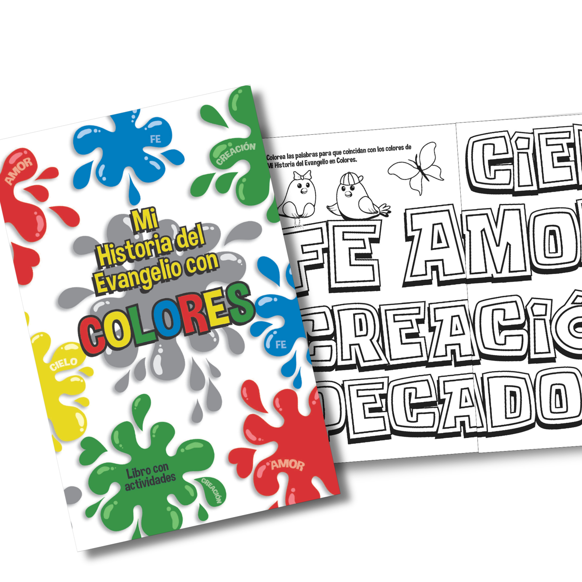 Colorful children's book with splatter designs and a coloring page on a white background with SPANISH writing by CTA Christ to All & CTAKids.