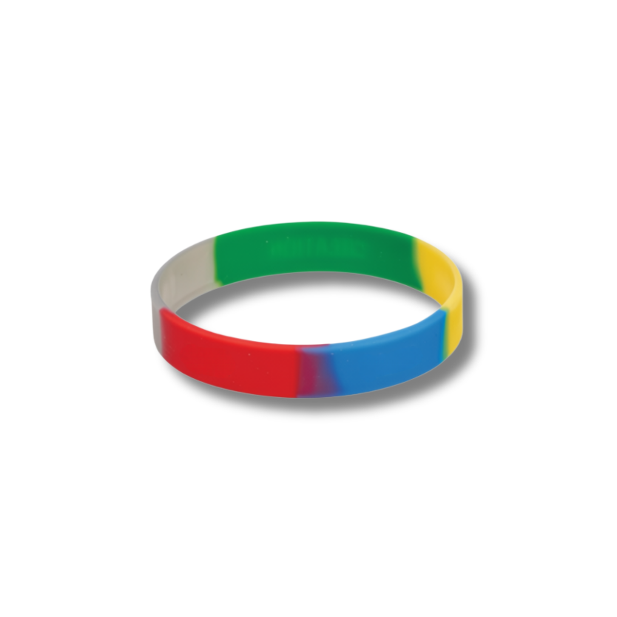 A silicone wristband with a four-color design of red, green, blue, and yellow segments, featuring the embossed words 'LOVE' and 'FAITH' on a white background by CTA Christ to All & CTAKids.