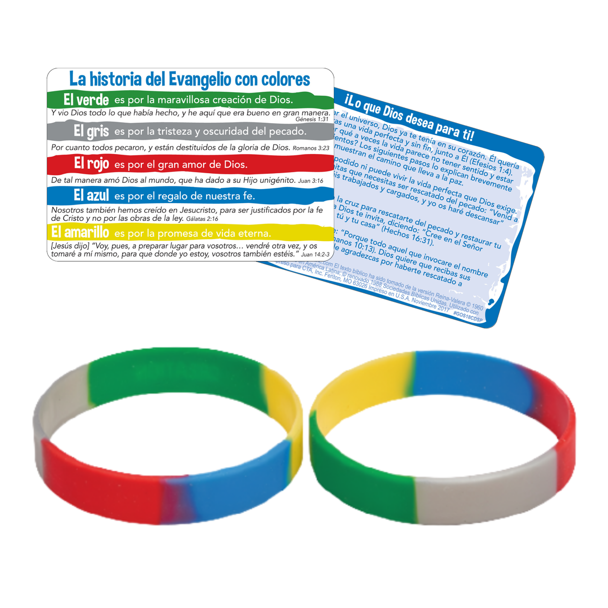 Spanish-language evangelism cards with colorful text blocks and two plastic wristbands in white, red, yellow, and green, shown on a plain white background by CTA Christ to All & CTAKids.