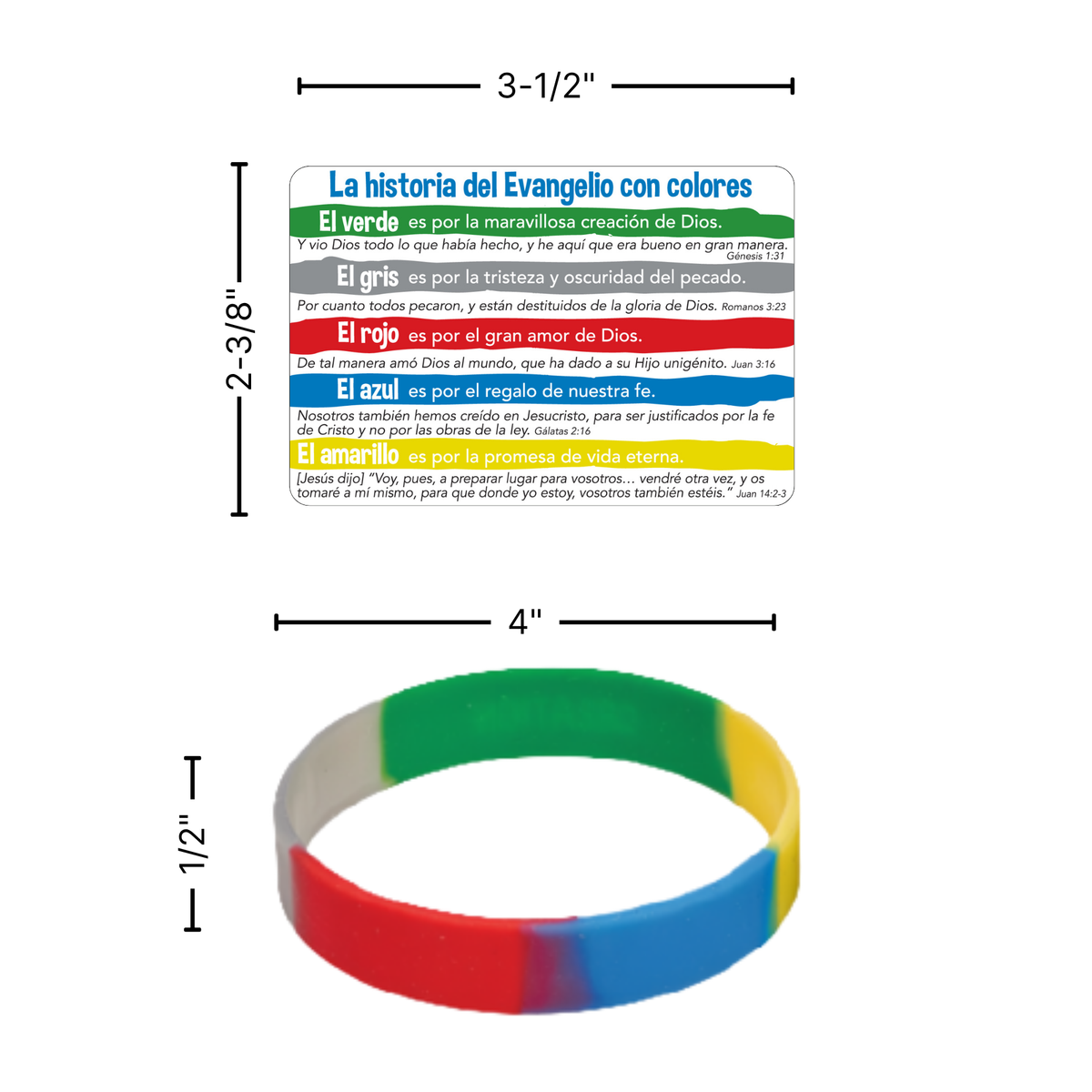 Colorful evangelion wristbands shown with printed size callouts: one rectangular multicolor card labeled 'La historia del Evangelio con colores' and one circular wristband with red, yellow, green, and blue sections, on a white background by CTA Christ to All and CTAKids.