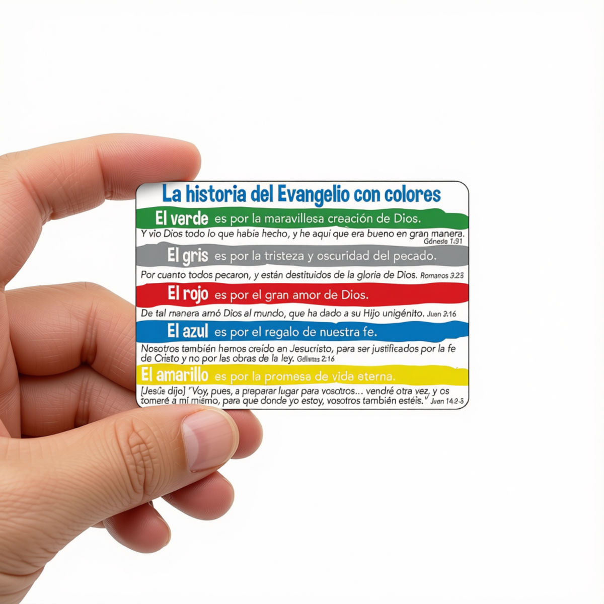 A hand holding a small printed card with colorful Spanish text about the gospel, photographed against a plain white background by CTA Christ to All and CTAKids.