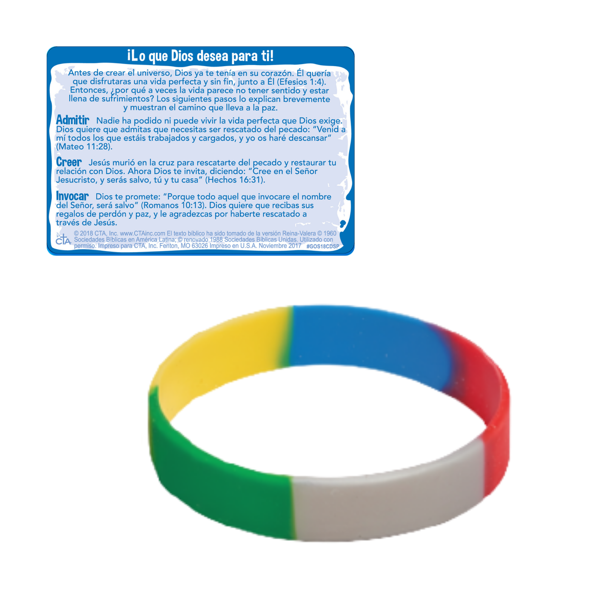 A two-colored prayer rug (tallit) with a blue and white printed Hebrew blessing card, shown against a plain white background by CTA Christ to All and CTAKids.