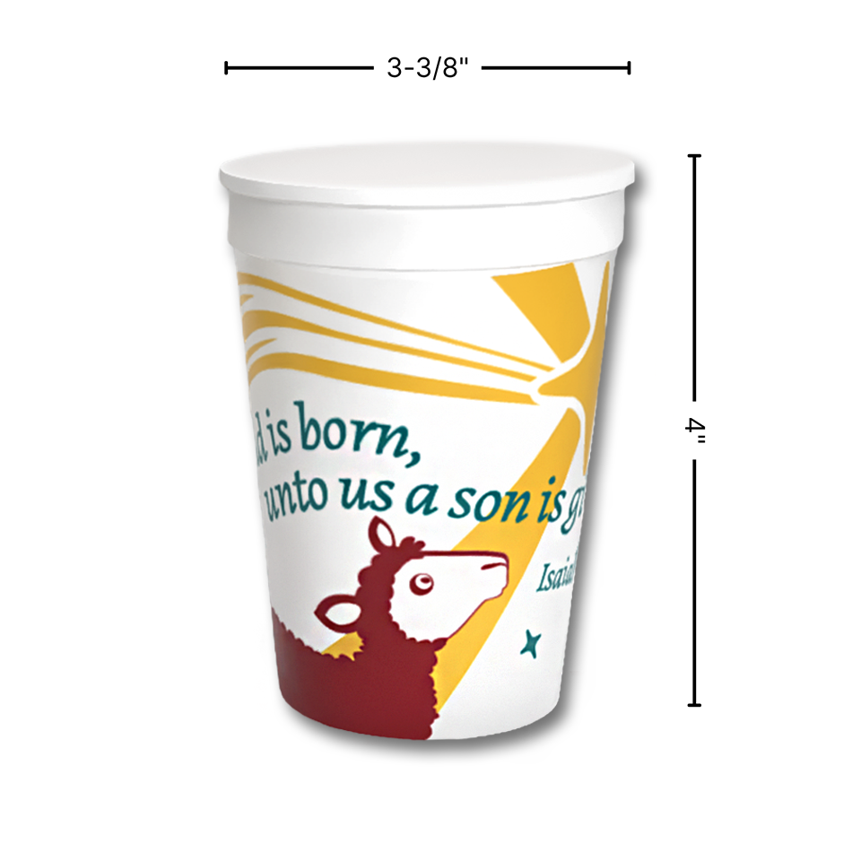 A white plastic cup with a printed design featuring a sheep illustration, teal text, and yellow graphic accents, shown with dimension lines indicating a width of 3-3/8 inches and a height of 4 inches by CTA Christ to All and CTA Gifts.