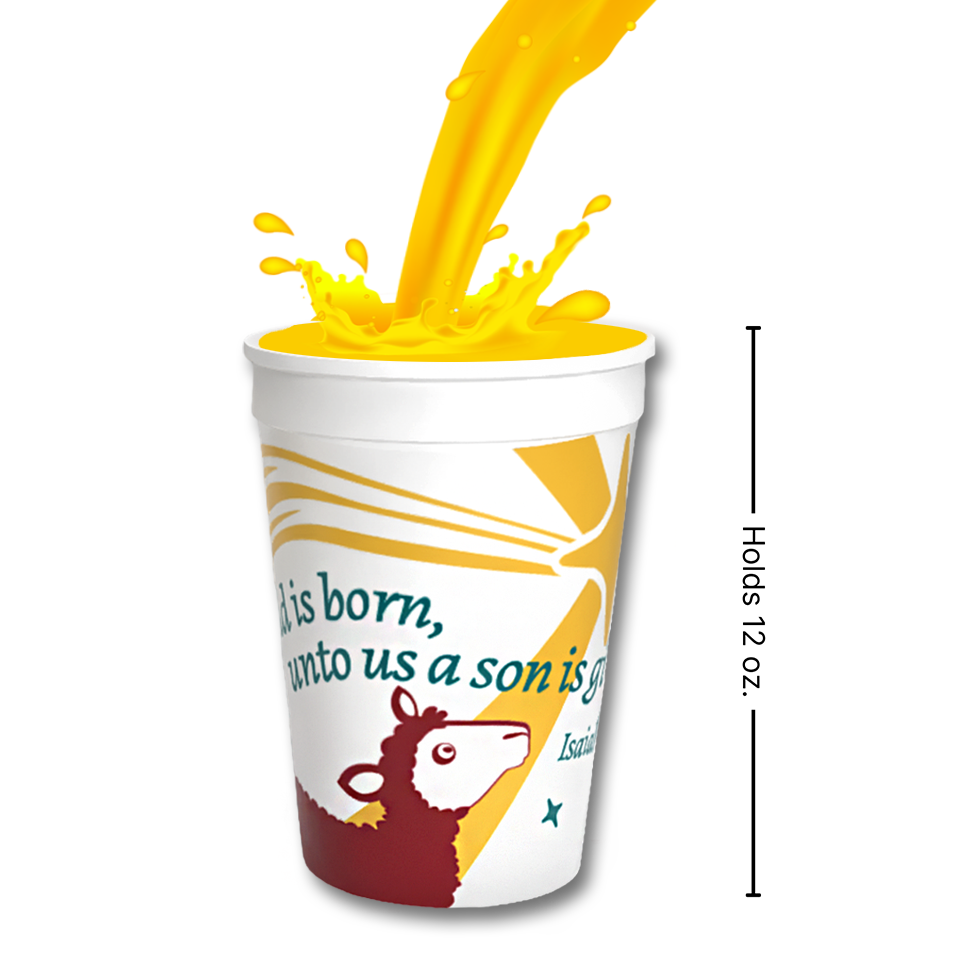 A 12 oz white paper cup with a yellow and red graphic design, shown with a yellow liquid splash coming into it and a vertical measurement label indicating it holds 12 oz. The cup features a sheep illustration and partial text by CTA Christ to All and CTAKids.