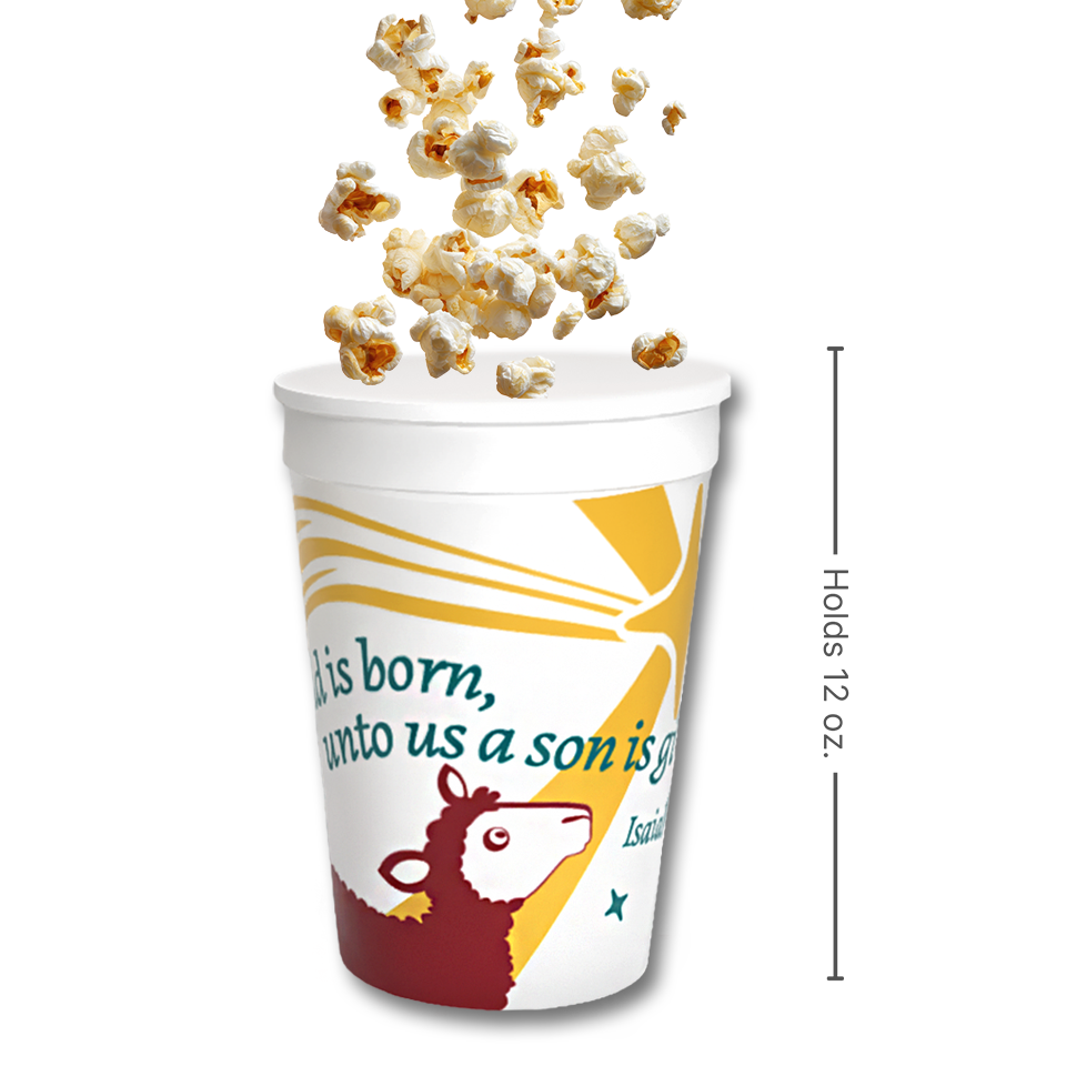A white popcorn bucket with a printed sheep illustration and quote, shown with popcorn popping out above it and a vertical measurement label indicating it holds 12 oz. on a white background by CTA Christ to All and CTAKids.