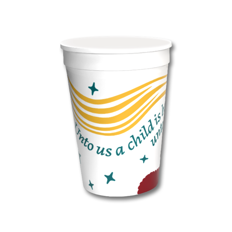 A white reusable plastic cup with a printed design featuring yellow wavy lines, teal stars, and partial teal text on a white background by CTA Christ to All and CTAKids.
