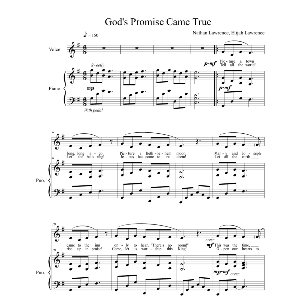 Printable Christian Christmas sheet music for “God’s Promise Came True,” arranged for voice and piano. The digital score includes melody, lyrics, accompaniment, tempo and dynamics markings, and composer credits by Nathan Lawrence and Elijah Lawrence by CTA Christ to All and CTAKids.