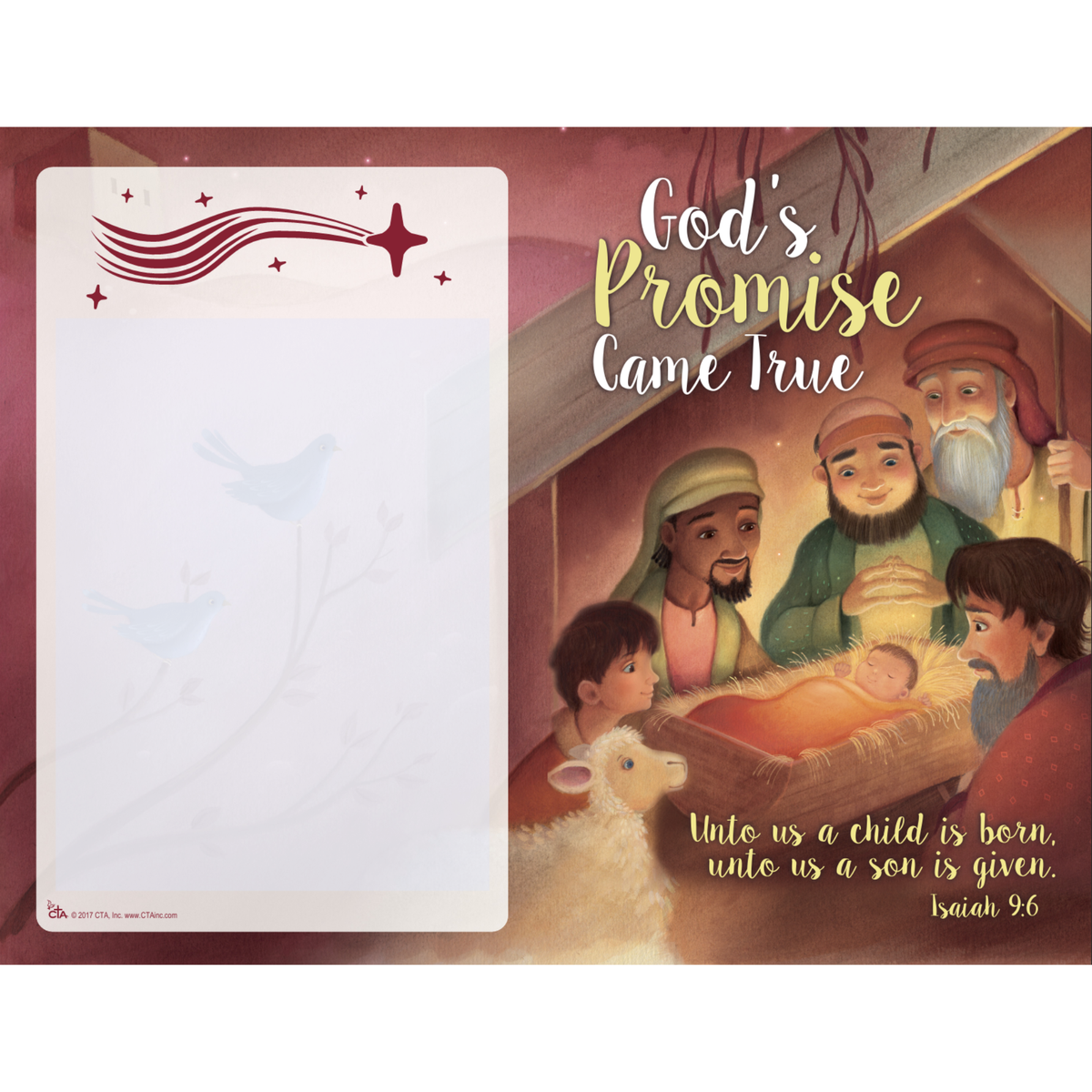 Printable Christian Christmas bulletin template featuring a full-color nativity illustration, “God’s Promise Came True” title, and Isaiah 9:6 scripture. Includes a customizable interior writing area for church service information, announcements, worship programs, or Christmas event details by CTA Christ to All and CTAKids.