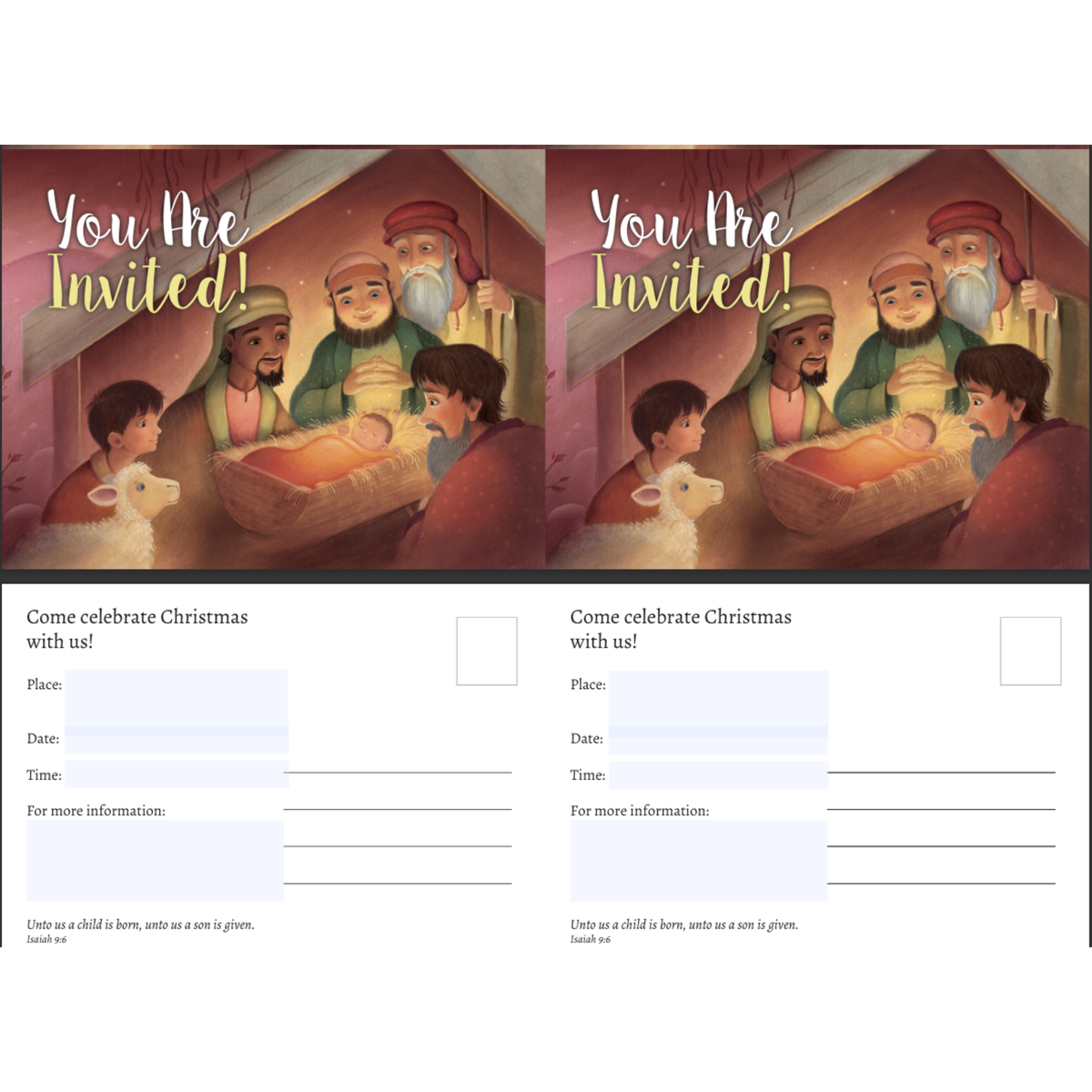 Customizable Christian Christmas event invitation template with a colorful nativity illustration, “You Are Invited!” headline, and editable fields for event information. Includes scripture from Isaiah 9:6 and a printable layout suitable for church programs, Christmas services, and holiday celebrations by CTA Christ to All and CTAKids.