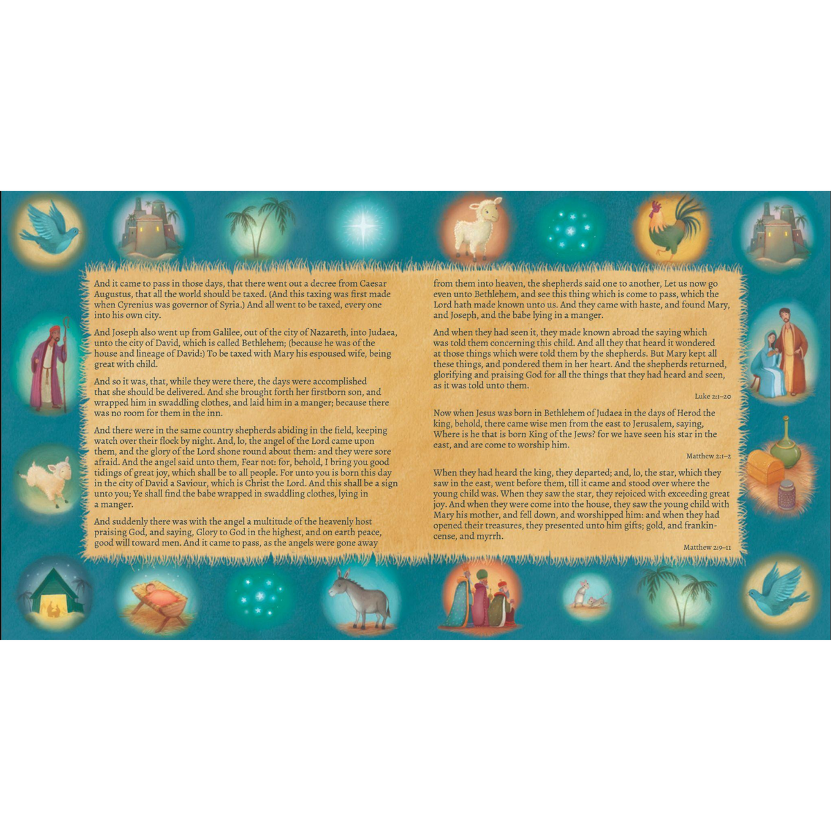 Printable Christian Christmas scripture page featuring the nativity story from Luke 2 and Matthew 2, framed by colorful illustrations of key biblical symbols including the manger, shepherds, wise men, Holy Family, star, animals, and gifts. Designed as a companion resource for church Christmas programs, bulletins, and educational materials by CTA Christ to All and CTAKids.