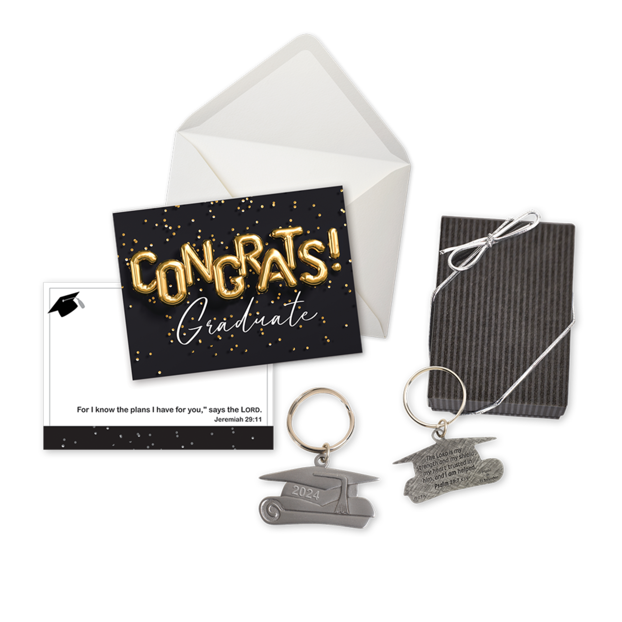 Dated 2024 mortarboard graduation keychain in gift box with notecard & envelope