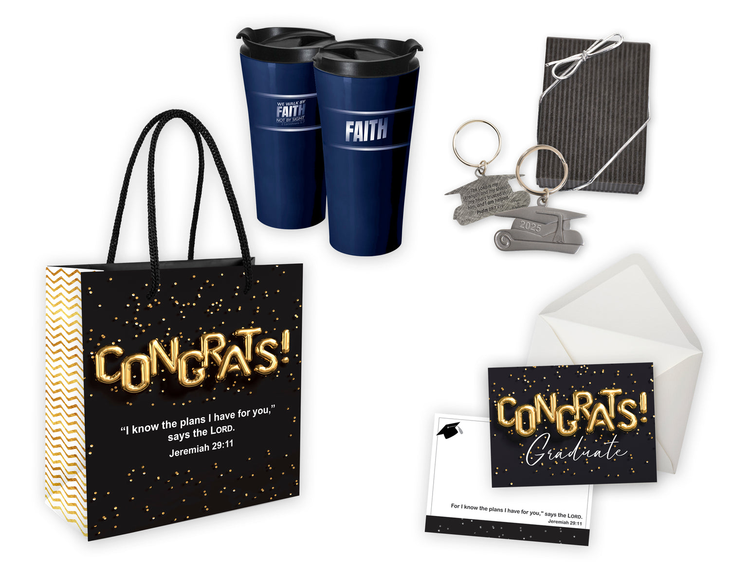 Gift set for Christian graduates includes mug, 2025 dated key chain, gift bag, and note card